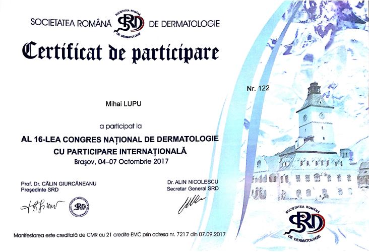 certificat participare dr mihai lupu srd 2017 congresul national dermatologie