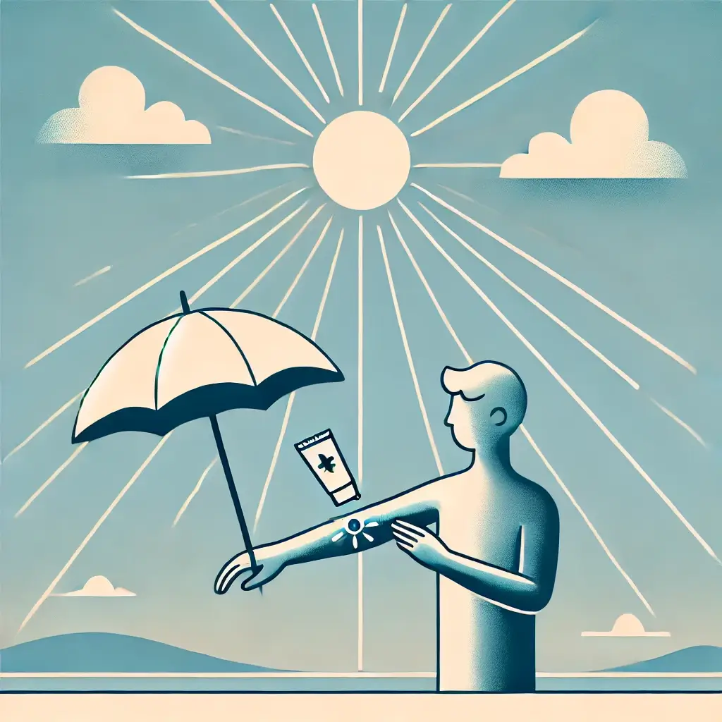 DALL·E 2024-12-18 11.38.27 – A simple illustration for a blog post about UV radiation and skin health. The image shows the sun emitting rays. Below, a person is applying sunscreen